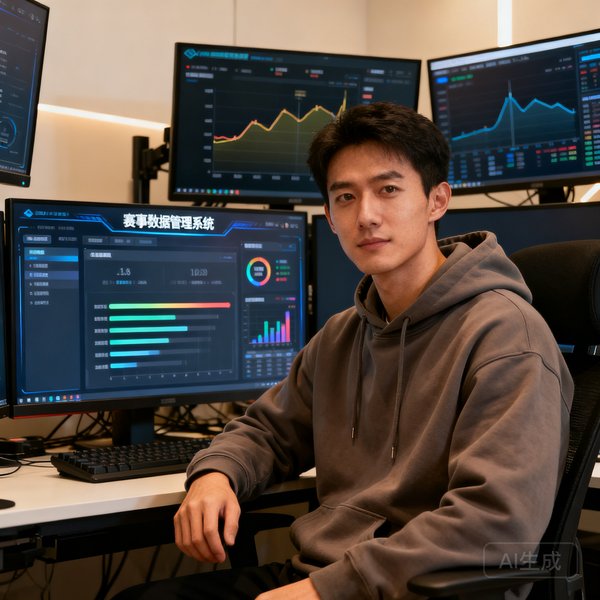 技术负责人王瀚的半身照，年轻男性约二十八岁，穿着连帽卫衣坐在多台显示器前，屏幕上显示着赛事数据管理系统的界面